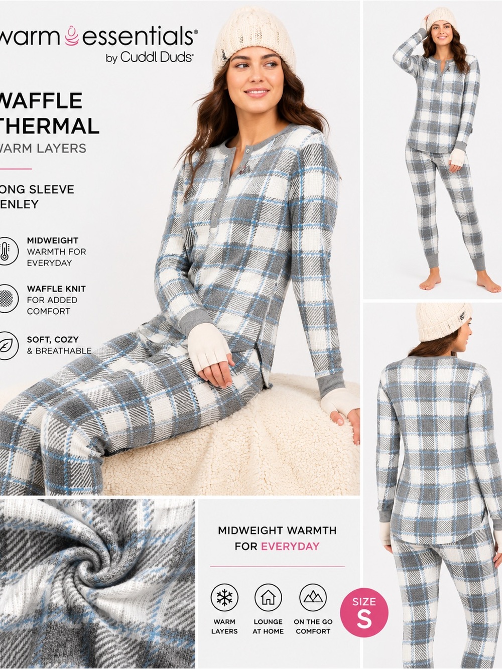 Cuddl Duds Gray and Blue Plaid Waffle Thermal Henley Long Sleeve Top